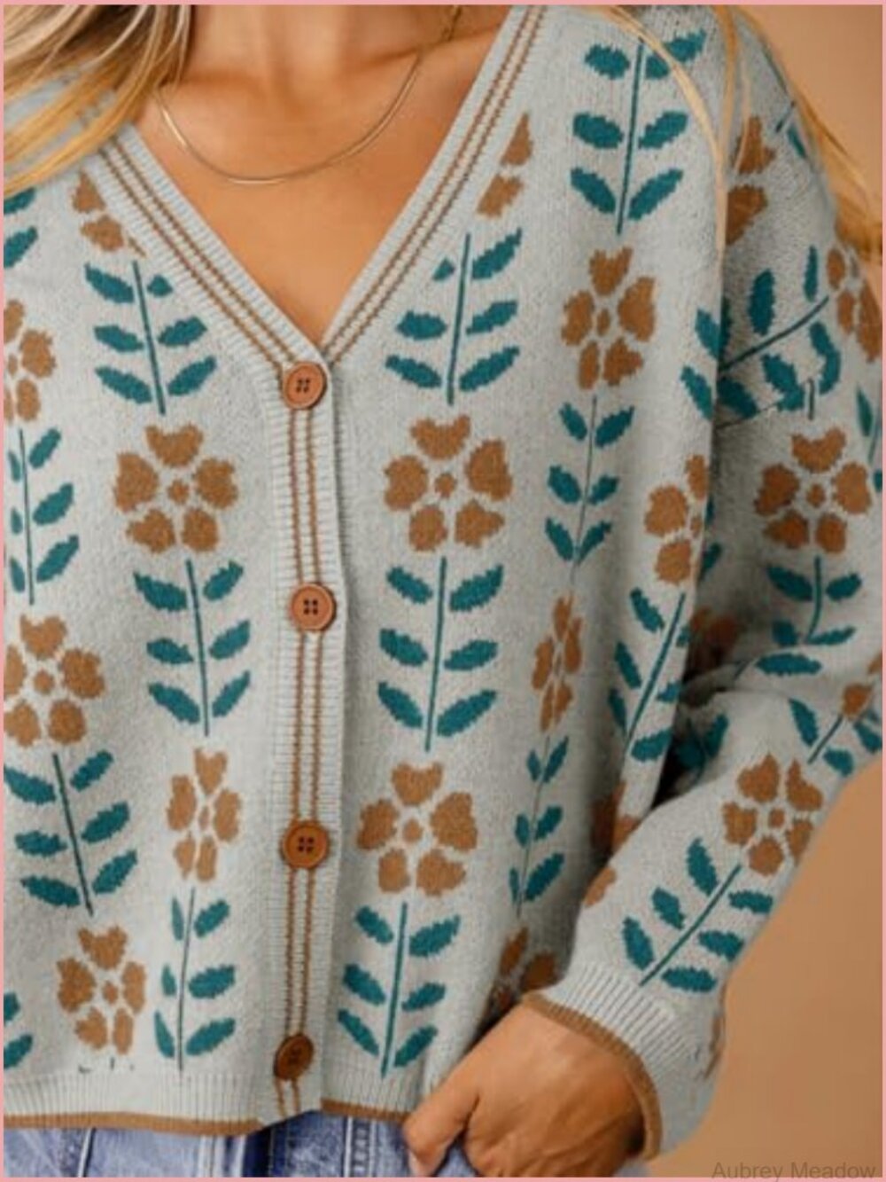 Floral Print V Neck Cardigan Open Front Button Down Knit Sweater Long Sleeve - Picture 4 of 7